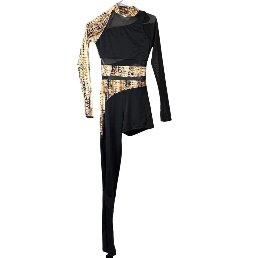 Weissman‎ Asymmetrical Dance Unitard Black Snakeskin Mesh Cutout Small Adult SA